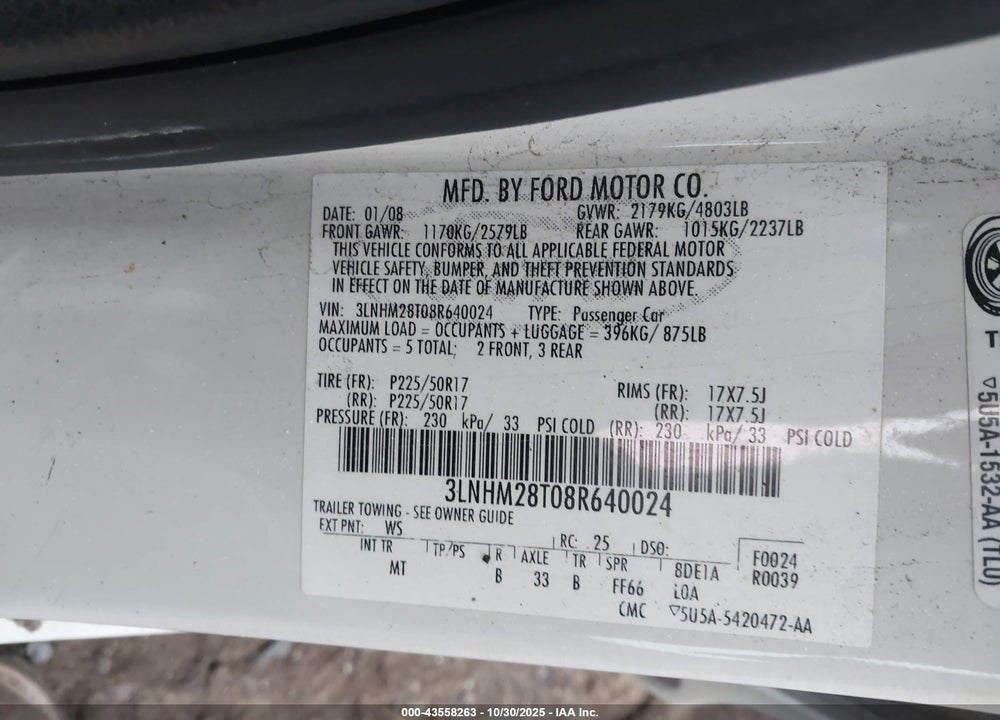 2008 LINCOLN MKZ VIN: 3LNHM28T08R640024