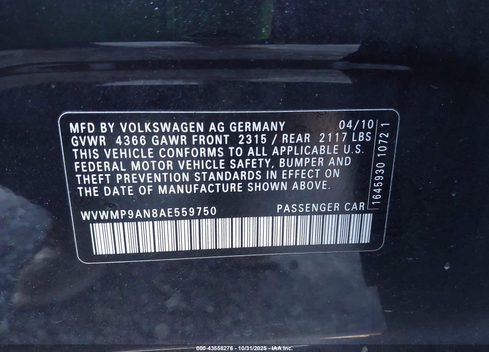 2010 VOLKSWAGEN CC SPORT VIN: WVWMP9AN8AE559750