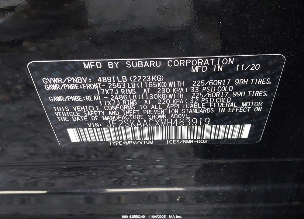 2021 SUBARU FORESTER VIN: JF2SKAACXMH463919