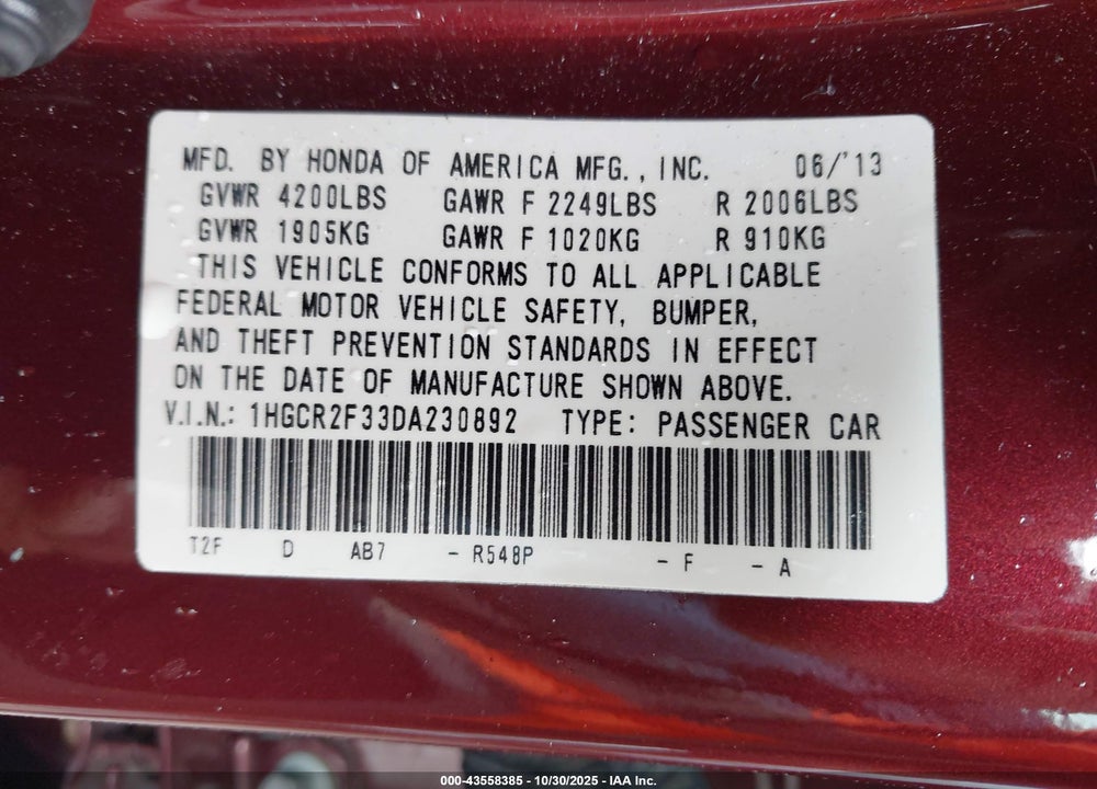 2013 HONDA ACCORD LX VIN: 1HGCR2F33DA230892