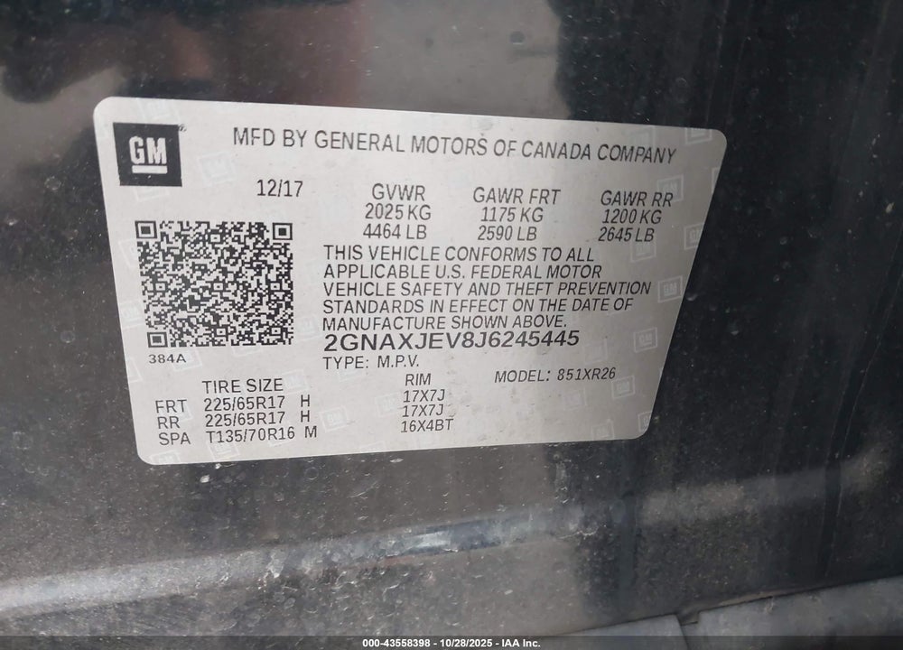 2018 CHEVROLET EQUINOX LT VIN: 2GNAXJEV8J6245445