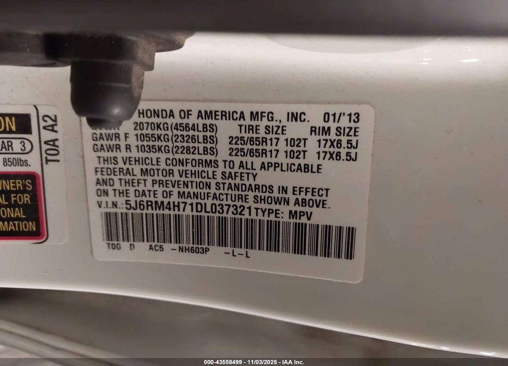 2013 HONDA CR-V EX-L VIN: 5J6RM4H71DL037321