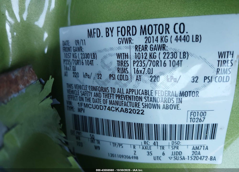 2012 FORD ESCAPE XLT VIN: 1FMCU0D74CKA82022
