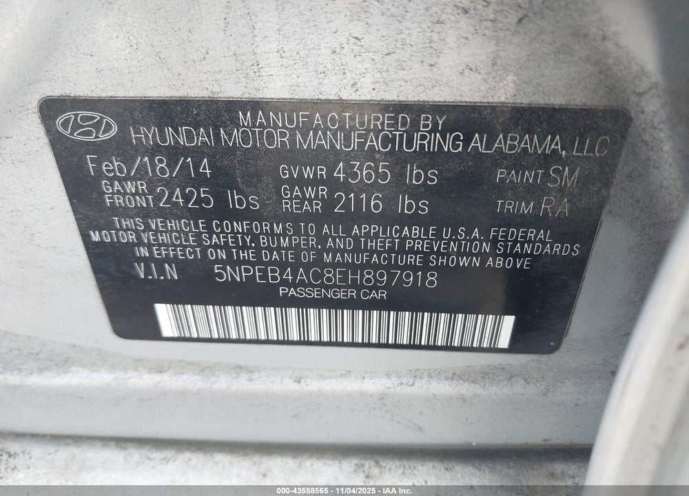2014 HYUNDAI SONATA GLS VIN: 5NPEB4AC8EH897918