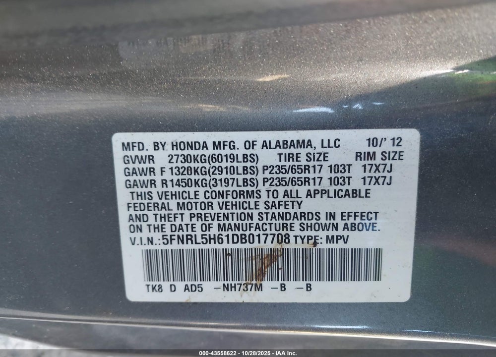 2013 HONDA ODYSSEY EX-L VIN: 5FNRL5H61DB017708