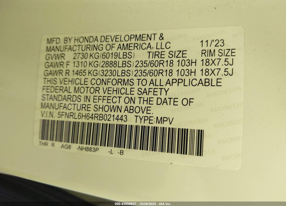 2024 HONDA ODYSSEY EX-L VIN: 5FNRL6H64RB021443