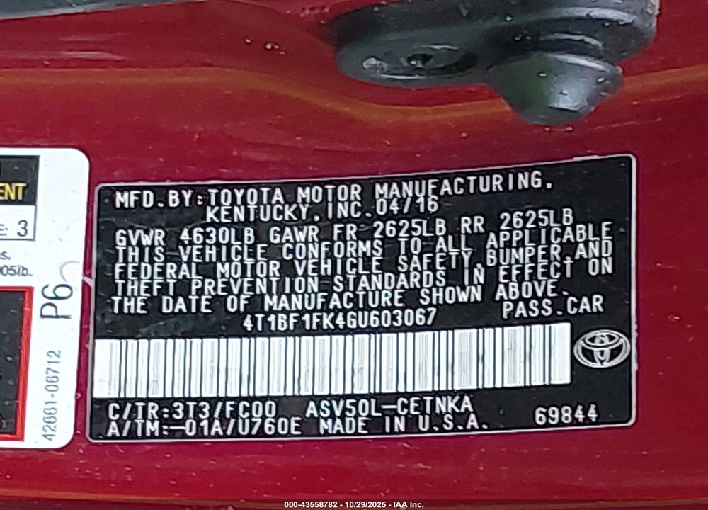2016 TOYOTA CAMRY LE VIN: 4T1BF1FK4GU603067