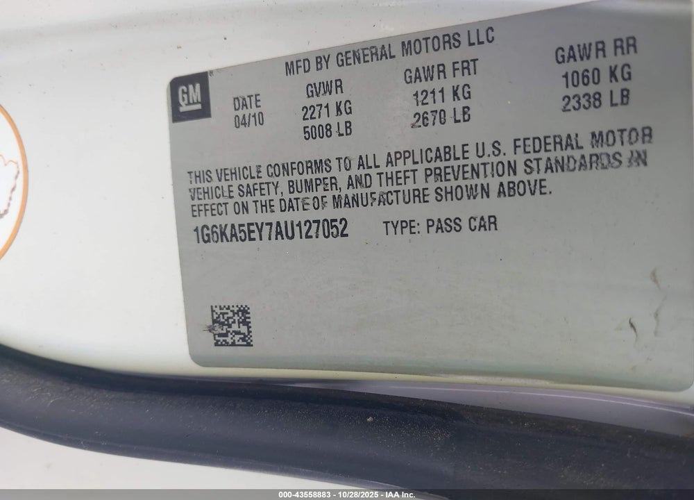 2010 CADILLAC DTS STANDARD VIN: 1G6KA5EY7AU127052