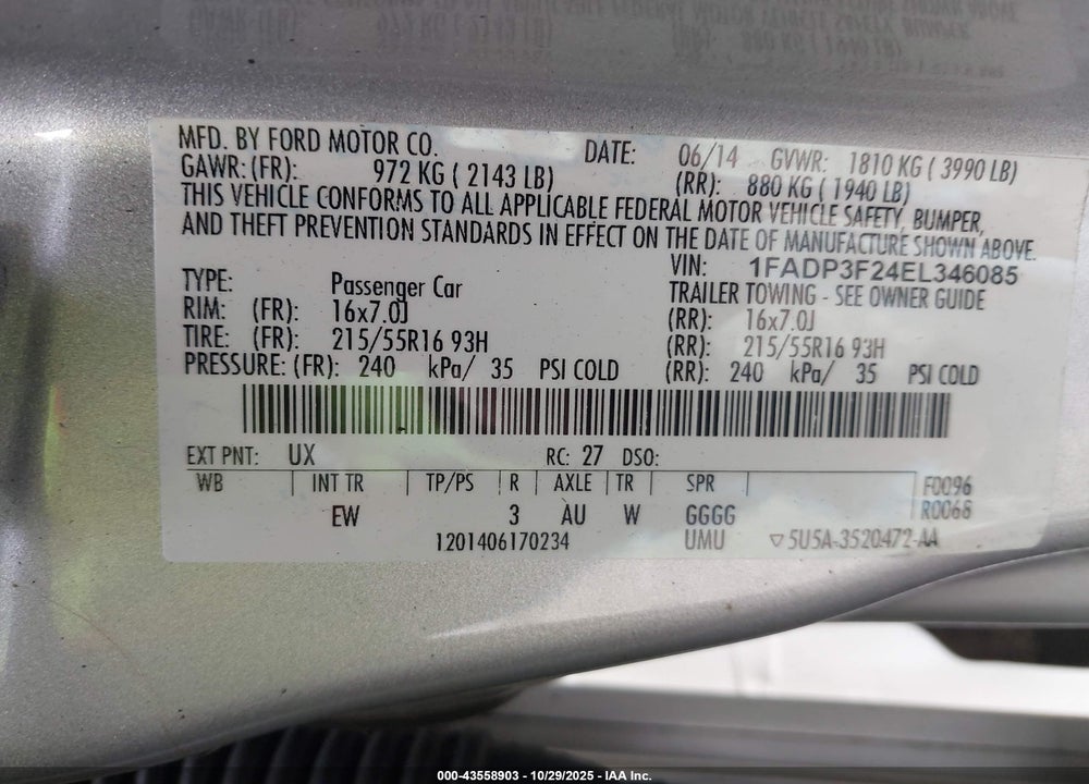 2014 FORD FOCUS VIN: 1FADP3F24EL346085