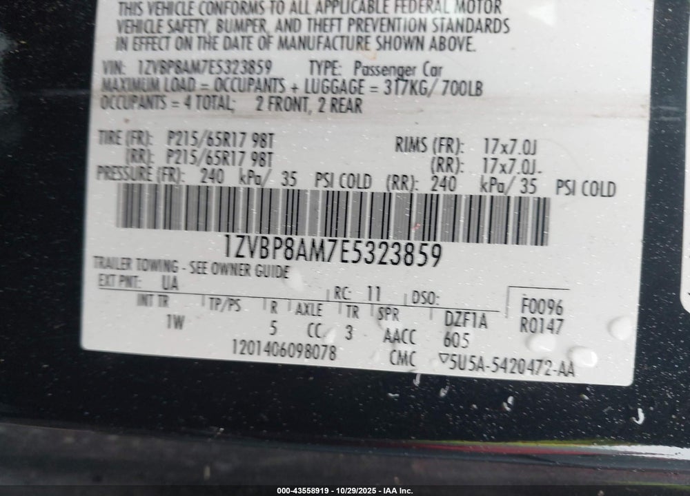 2014 FORD MUSTANG V6 VIN: 1ZVBP8AM7E5323859
