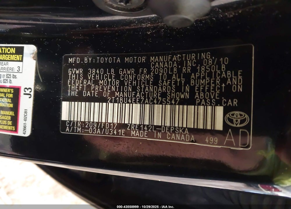 2010 TOYOTA COROLLA S VIN: 2T1BU4EE7AC475547
