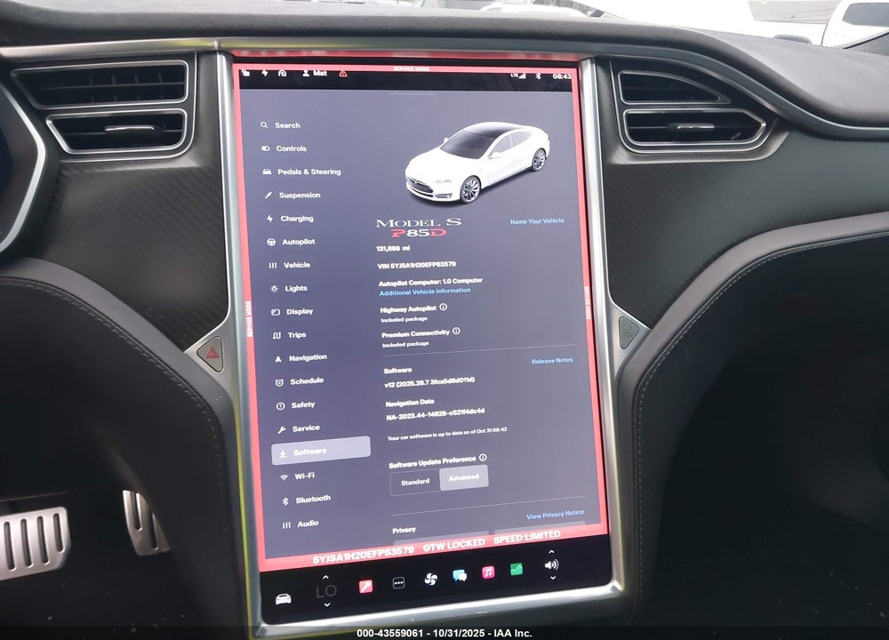 2014 TESLA MODEL S P85D VIN: 5YJSA1H20EFP63579