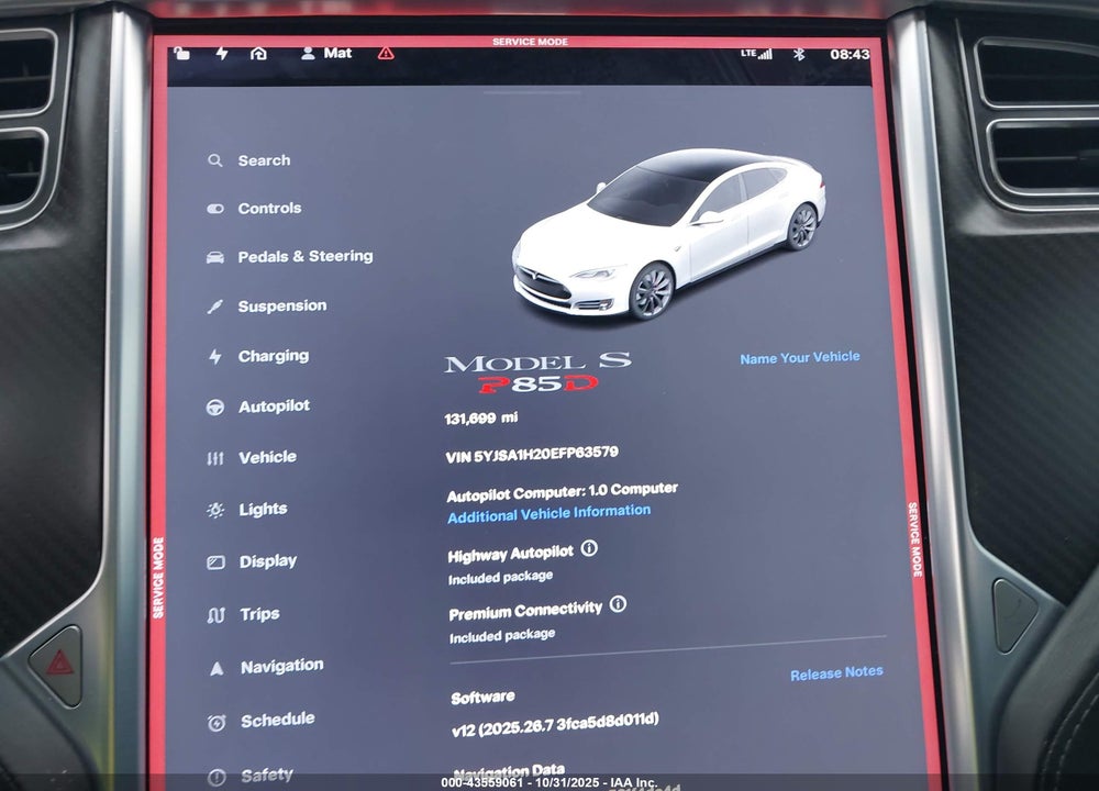 2014 TESLA MODEL S P85D VIN: 5YJSA1H20EFP63579