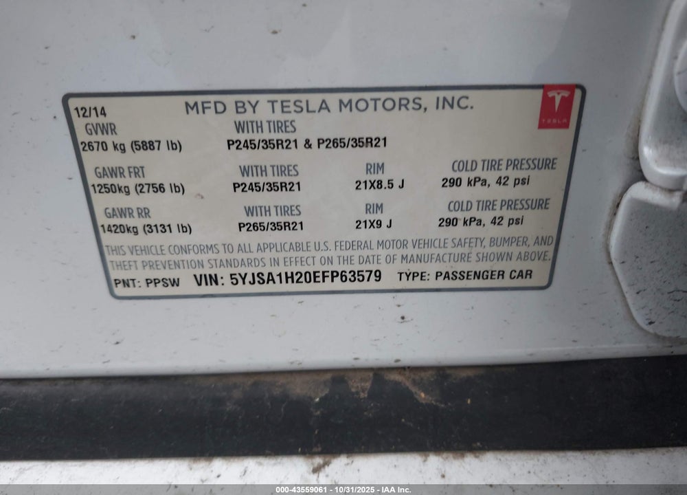 2014 TESLA MODEL S P85D VIN: 5YJSA1H20EFP63579