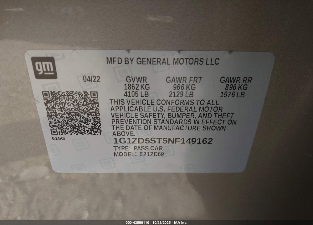2022 CHEVROLET MALIBU FWD LT VIN: 1G1ZD5ST5NF149162