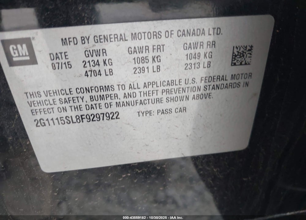 2015 CHEVROLET IMPALA 1LT VIN: 2G1115SL8F9297922