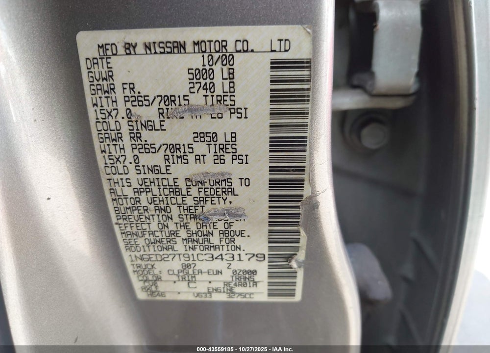 2001 NISSAN FRONTIER XE-V6 VIN: 1N6ED27T91C343179