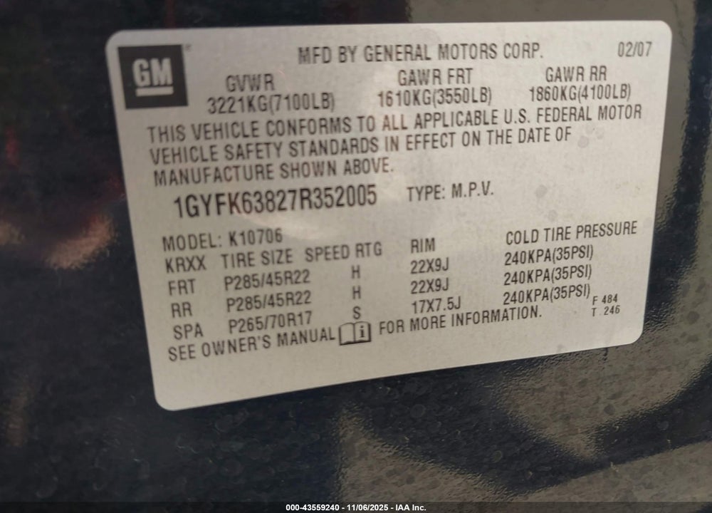 2007 CADILLAC ESCALADE VIN: 1GYFK63827R352005