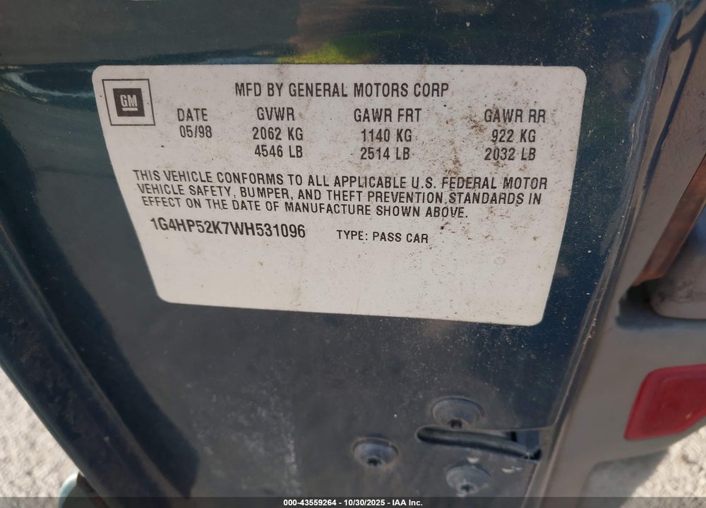1998 BUICK LESABRE CUSTOM VIN: 1G4HP52K7WH531096