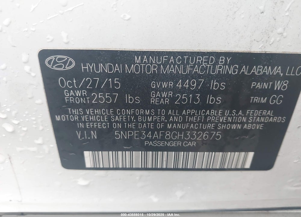 2016 HYUNDAI SONATA VIN: 5NPE34AF8GH332675