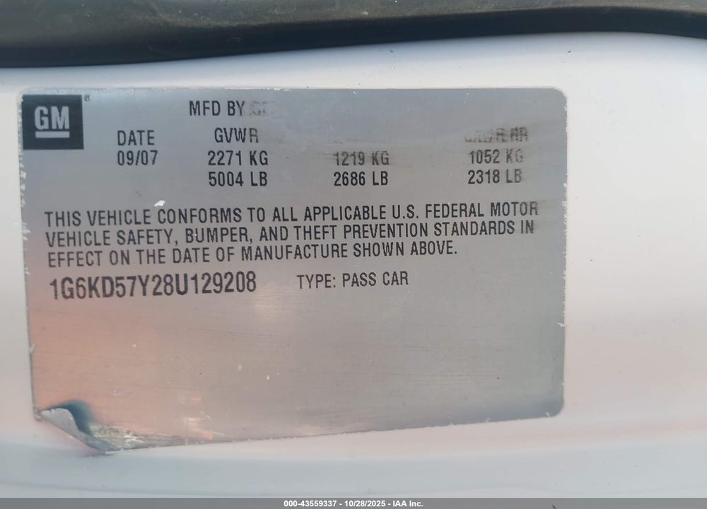 2008 CADILLAC DTS VIN: 1G6KD57Y28U129208