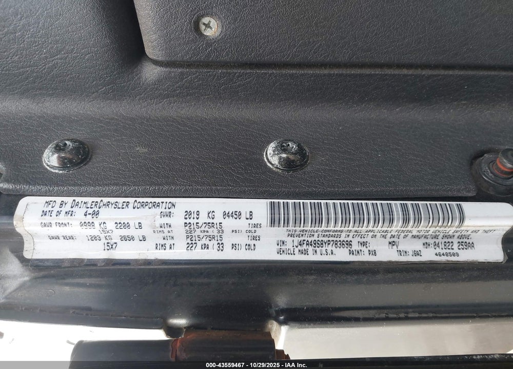 2000 JEEP WRANGLER SPORT VIN: 1J4FA49S8YP783696
