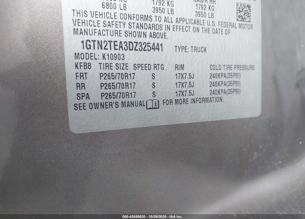 2013 GMC SIERRA 1500 WORK TRUCK VIN: 1GTN2TEA3DZ325441
