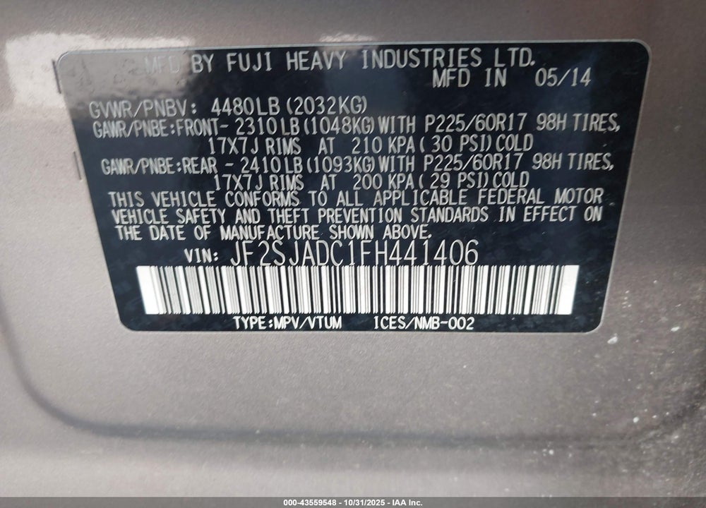 2015 SUBARU FORESTER VIN: JF2SJADC1FH441406