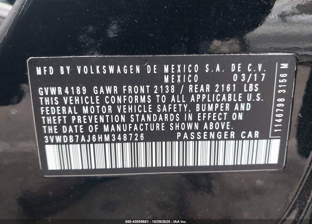 2017 VOLKSWAGEN JETTA 1.4T SE VIN: 3VWDB7AJ6HM348726
