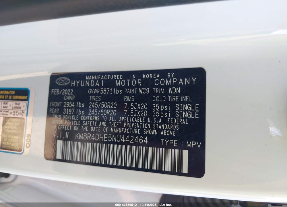 2022 HYUNDAI PALISADE SEL VIN: KM8R4DHE5NU442464