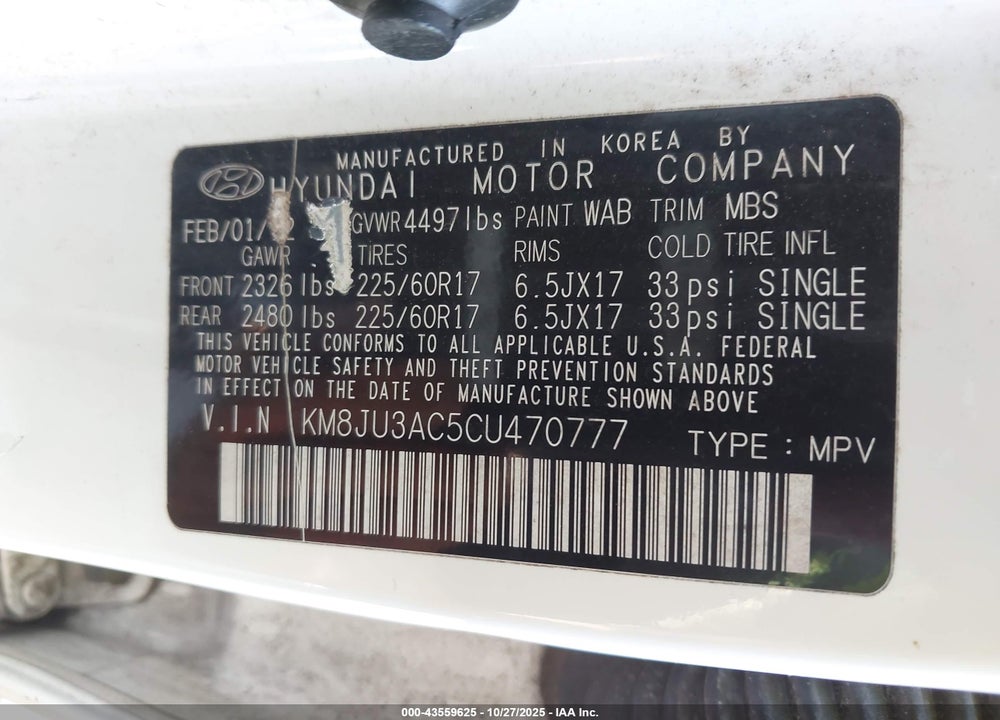 2012 HYUNDAI TUCSON VIN: KM8JU3AC5CU470777