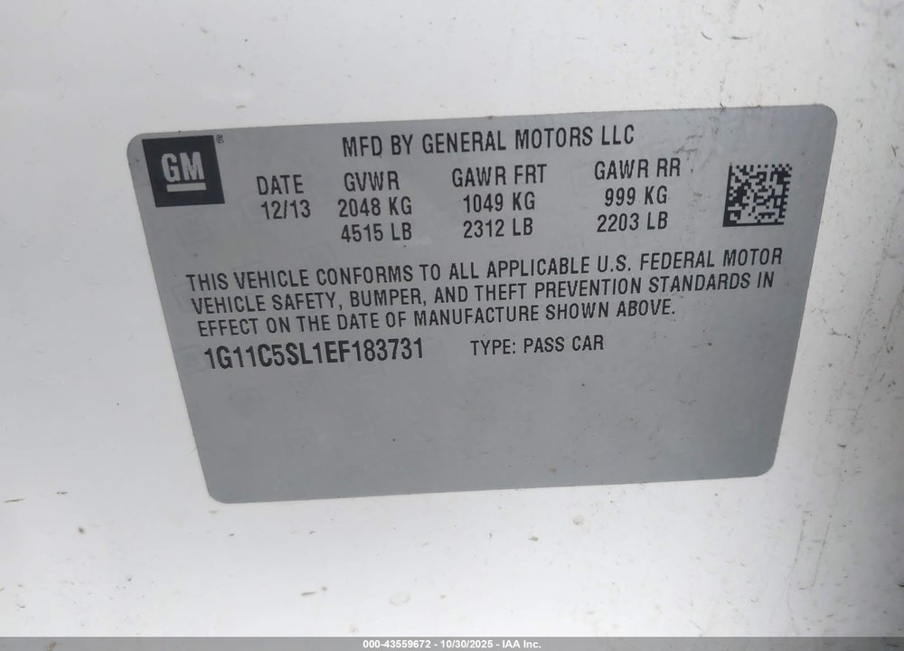 2014 CHEVROLET MALIBU 1LT VIN: 1G11C5SL1EF183731