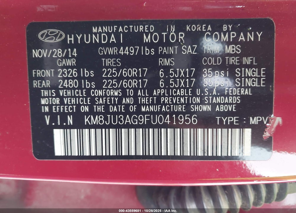 2015 HYUNDAI TUCSON SE VIN: KM8JU3AG9FU041956