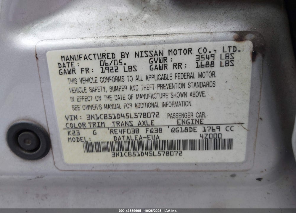 2005 NISSAN SENTRA 1.8S VIN: 3N1CB51D45L578072