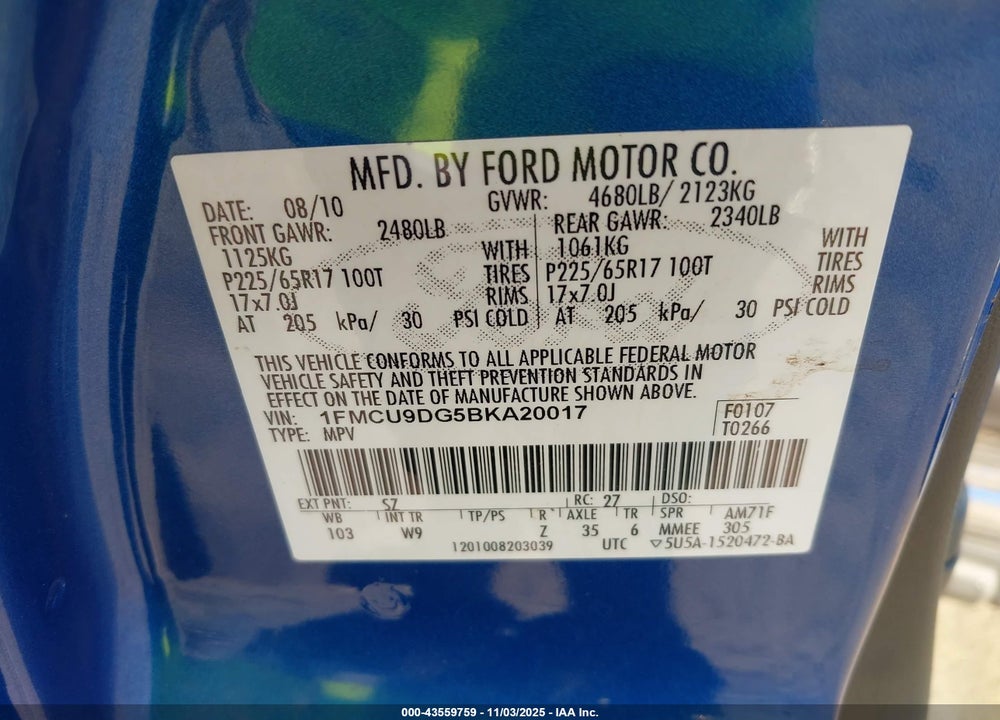 2011 FORD ESCAPE VIN: 1FMCU9DG5BKA20017