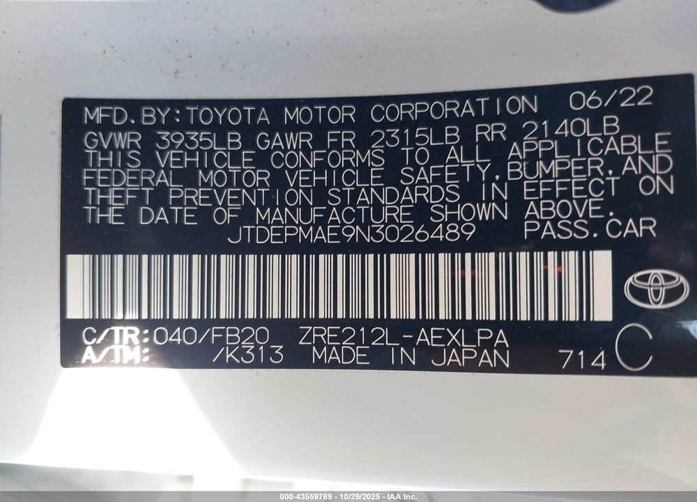 2022 TOYOTA COROLLA LE VIN: JTDEPMAE9N3026489