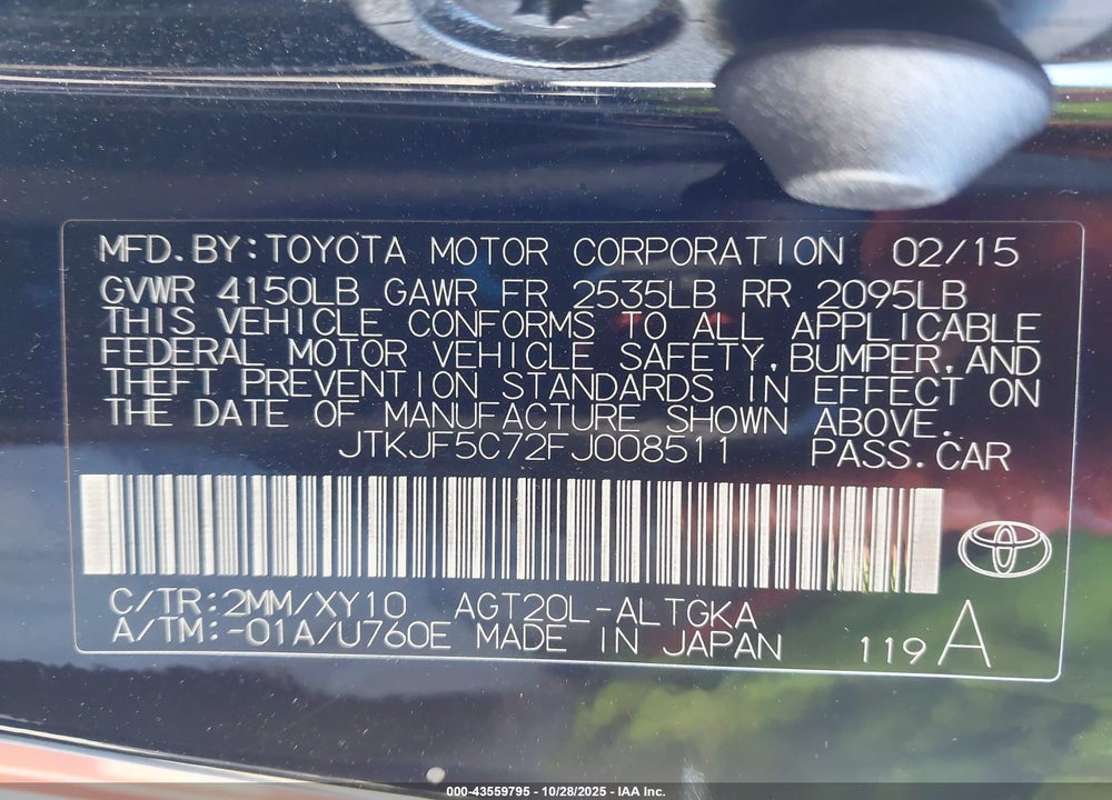 2015 SCION TC RELEASE SERIES 9.0 VIN: JTKJF5C72FJ008511