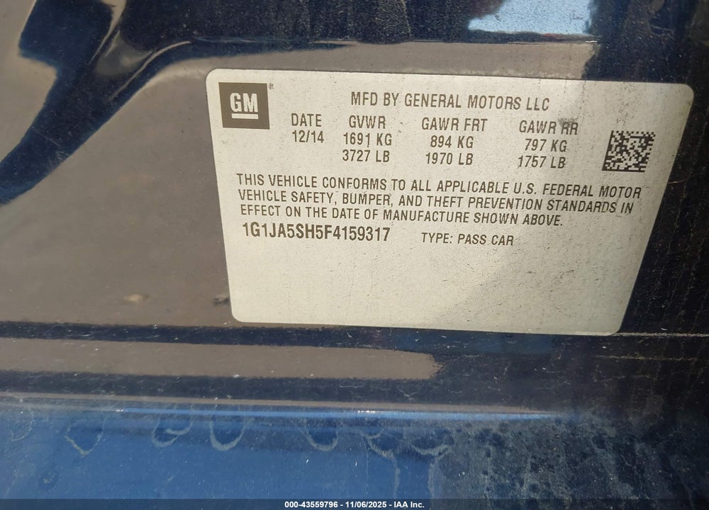 2015 CHEVROLET SONIC LS AUTO VIN: 1G1JA5SH5F4159317