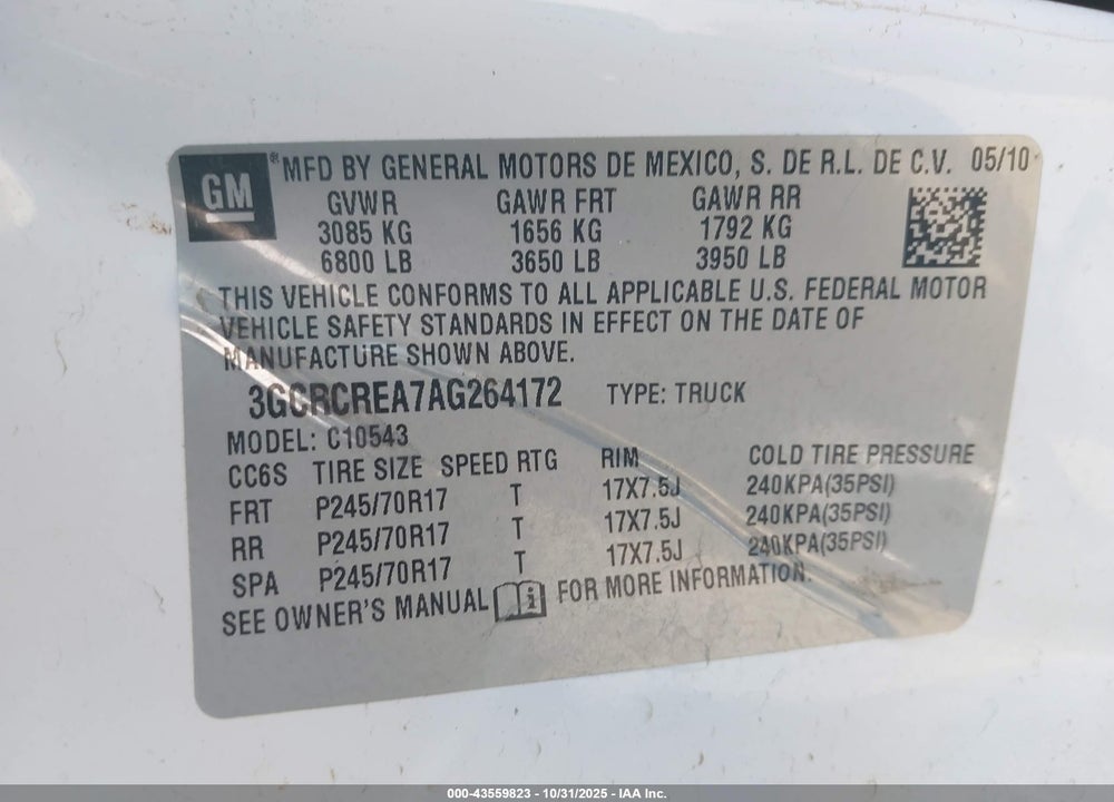 2010 CHEVROLET SILVERADO 1500 VIN: 3GCRCREA7AG264172