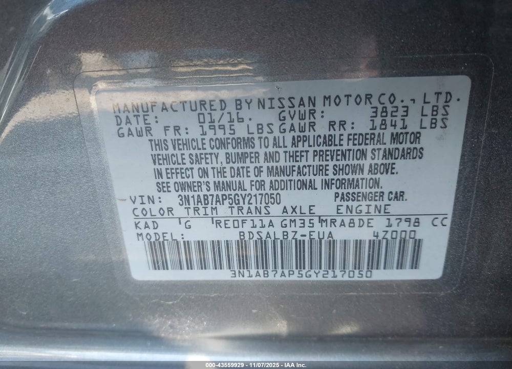 2016 NISSAN SENTRA FE+ S/S/SL/SR/SV VIN: 3N1AB7AP5GY217050