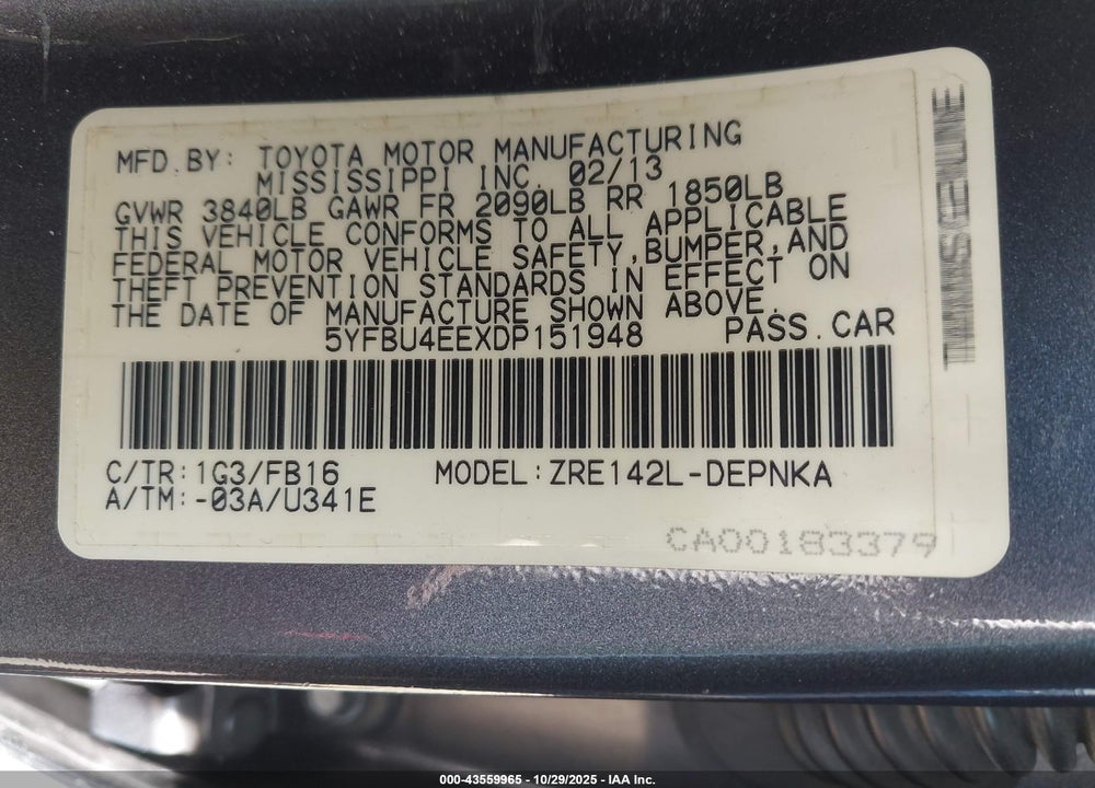 2013 TOYOTA COROLLA LE VIN: 5YFBU4EEXDP151948