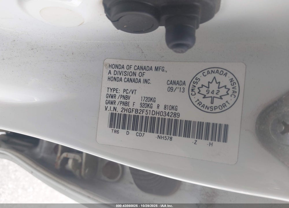 2013 HONDA CIVIC VIN: 2HGFB2F51DH034289