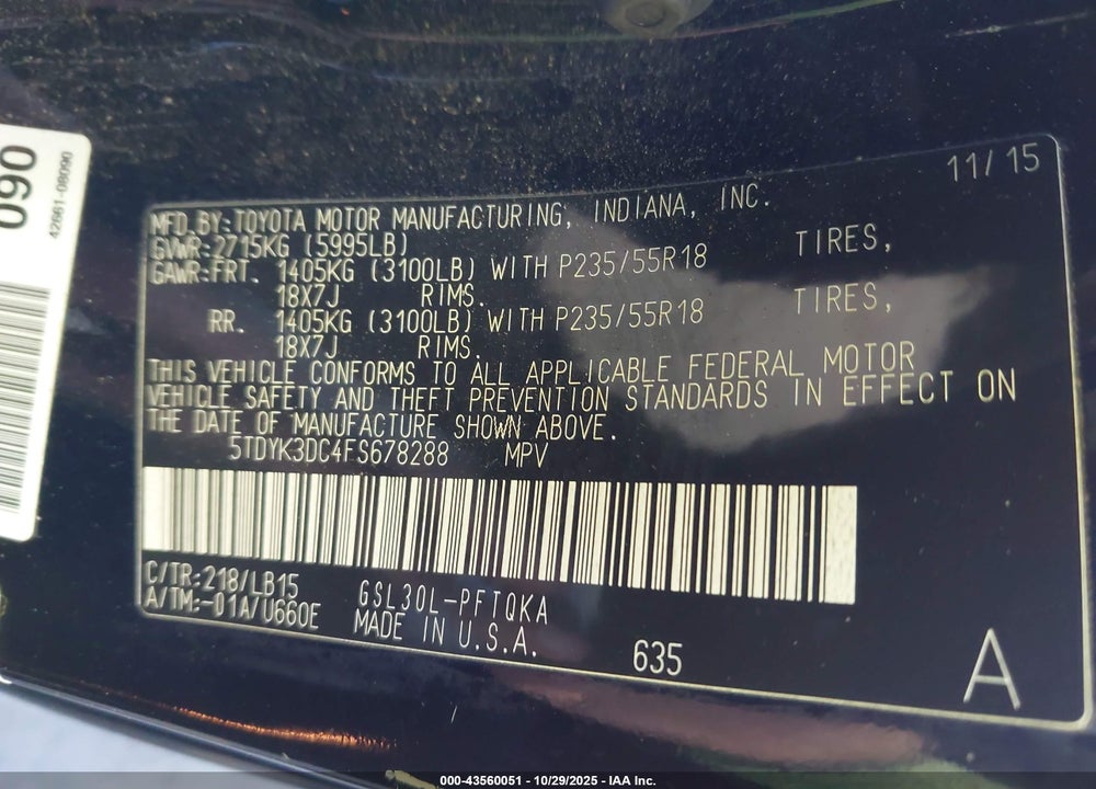 2015 TOYOTA SIENNA LIMITED PREMIUM 7 PASSENGER VIN: 5TDYK3DC4FS678288