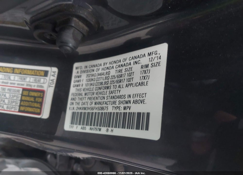 2015 HONDA CR-V EX VIN: 2HKRM3H56FH508675