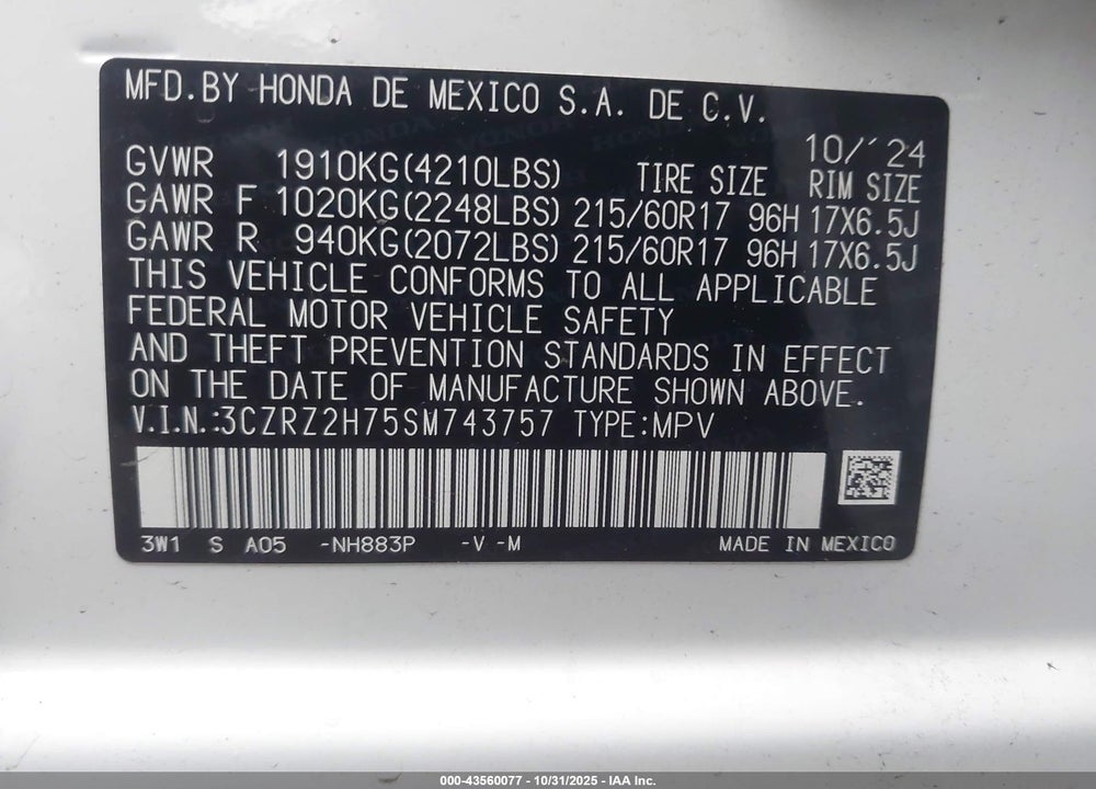 2025 HONDA HR-V AWD EX-L VIN: 3CZRZ2H75SM743757