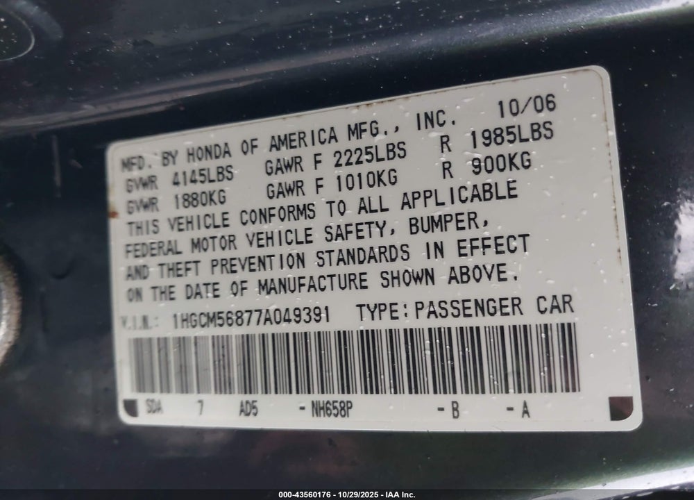 2007 HONDA ACCORD 2.4 EX VIN: 1HGCM56877A049391