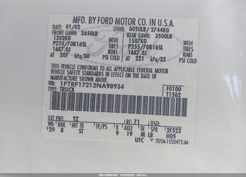 2002 FORD F-150 XL/XLT VIN: 1FTRF17212NA98934