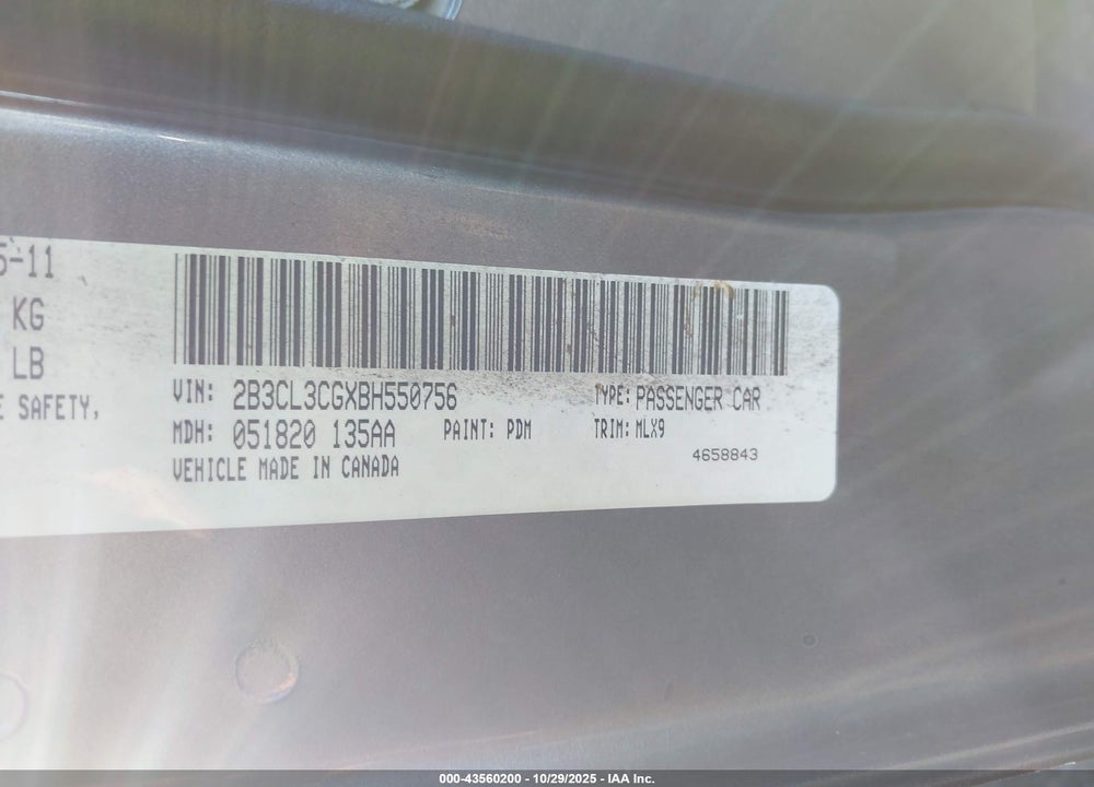 2011 DODGE CHARGER VIN: 2B3CL3CGXBH550756