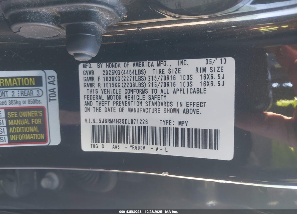 2013 HONDA CR-V VIN: 5J6RM4H35DL071226