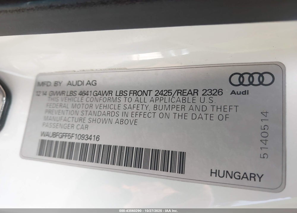 2015 AUDI S3 VIN: WAUBFGFF5F1093416